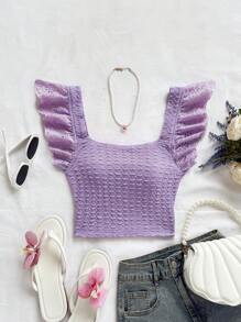 Soleia Holiday Elegant Knit Ruffle Patchwork Ladies Crop Top Purple Crop Top Ruffle Crop Top - Purple - View 8