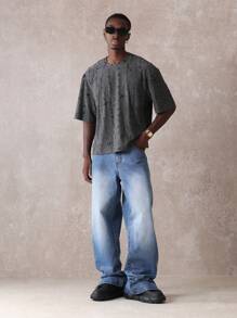 SUMWON Áo thun oversize họa tiết rách có chi tiết lấp lánh phong cách Grunge dày dặn thời trang dạo phố thường ngày thu đông - Màu xám đen - Xem 5