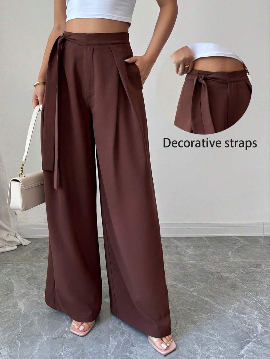 Elenzga Women's Elegant Everyday Pleated Tie Asymmetrical Coffee Color Suit Pants