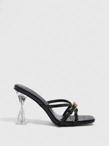 CUCCOO SZL 女士鞋黑色漆皮鳄鱼纹交叉系带透明外星人高跟凉鞋，搭配金色金属可调节扣细节，方形露趾高跟拖鞋，时尚性感优雅夏季凉鞋，适合约会派对办公室正式活动和日常穿着，百搭搭配裙子和正装 - 黑色 - 查看 7