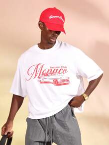 Sumwon Club Monaco Classic Vintage Car Print Oversized T-Shirt Retro Automobile Design Premium Cotton Classic Summer Streetwear - White - View 5