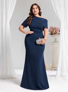 Coutiva Plus Size Asymmetrical Beaded Formal Evening Gown, Party Dress, For Wedding Guest - Navy Blue - View 1