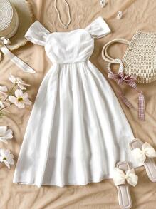 少女白色露肩褶饰腰部纹理面料连衣裙 - 白色 - 查看 5