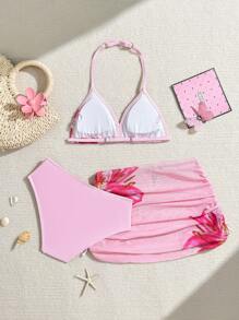 Set bikini a triangolo da 3 pezzi con stampa floreale e gonna spiaggia con laccetti per ragazza tween, adatto per vacanze, stile retrò, spiaggia, oceano, eleganza, carino