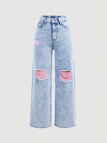 SHEIN Girlism Jeans vaqueros rosas desgastados y con efecto lavado para adolescentes chicas - Lavado ligero - Ver 1