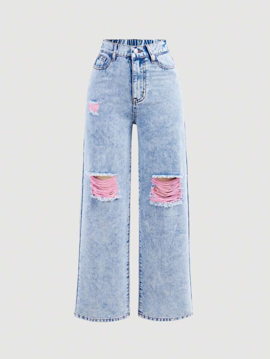 SHEIN Girlism Jeans vaqueros rosas desgastados y con efecto lavado para adolescentes chicas - Lavado ligero - Ver 1