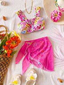 少女碎花泳衣，3 件套，包含泳衣上衣、三角比基尼泳裤和网眼裙，伊比沙岛服装