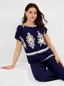 Miaspire Two Pieces Summer Set Bohemian-Style Printed Top & Casual Solid Color Pants Set, Suitable For Beach Vacations