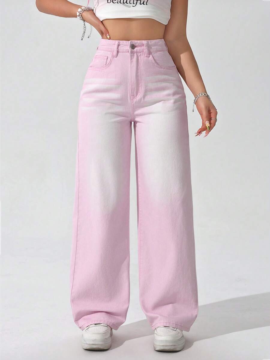 Women's Washed Faded Denim Jeans - Pink - View 1
