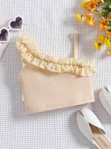 SHEIN Baby Girl Asymmetric Organza Ruffle Trim Spaghetti Strap Top - Khaki - View 2