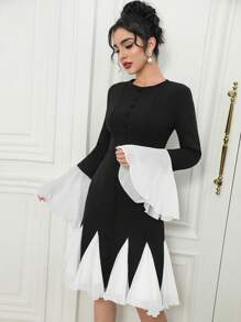 Modelyn Women's Contrast Color Bell Sleeve Mid-Length Dress - Black and White - View 5