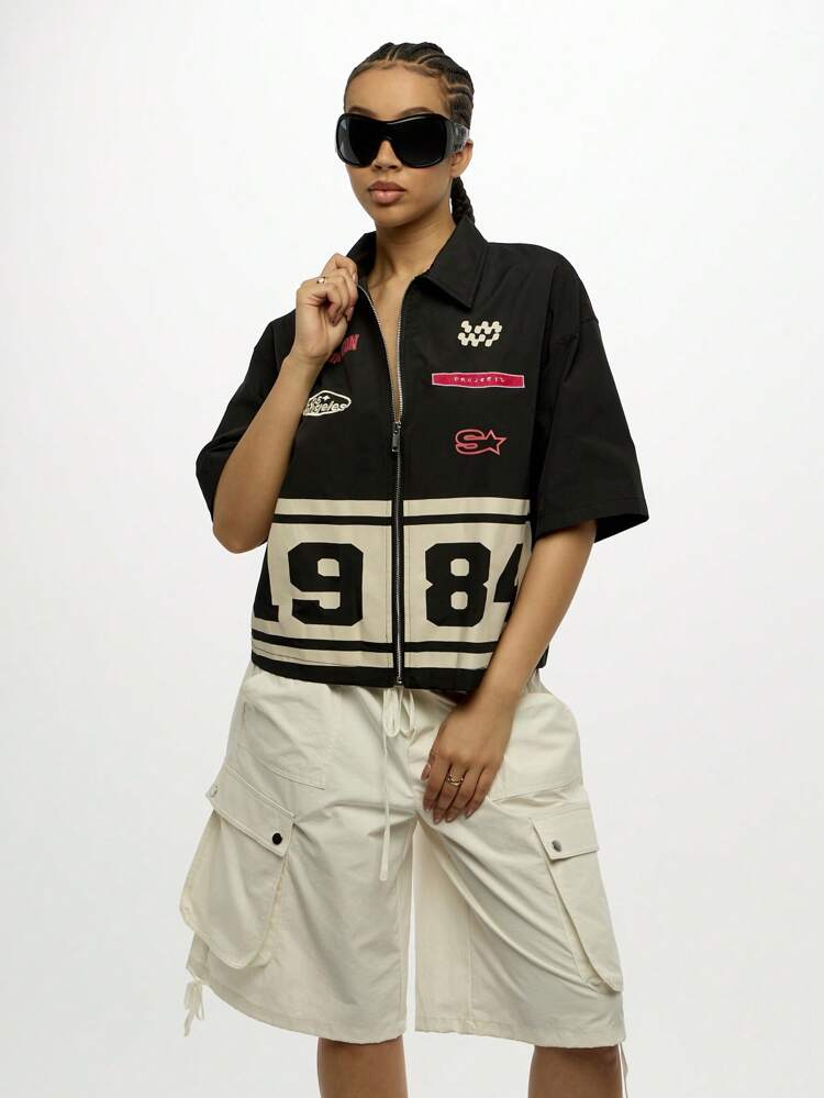SUMWON WOMEN Retro Moto Racing Blouse Zip Up Graphic Patch
