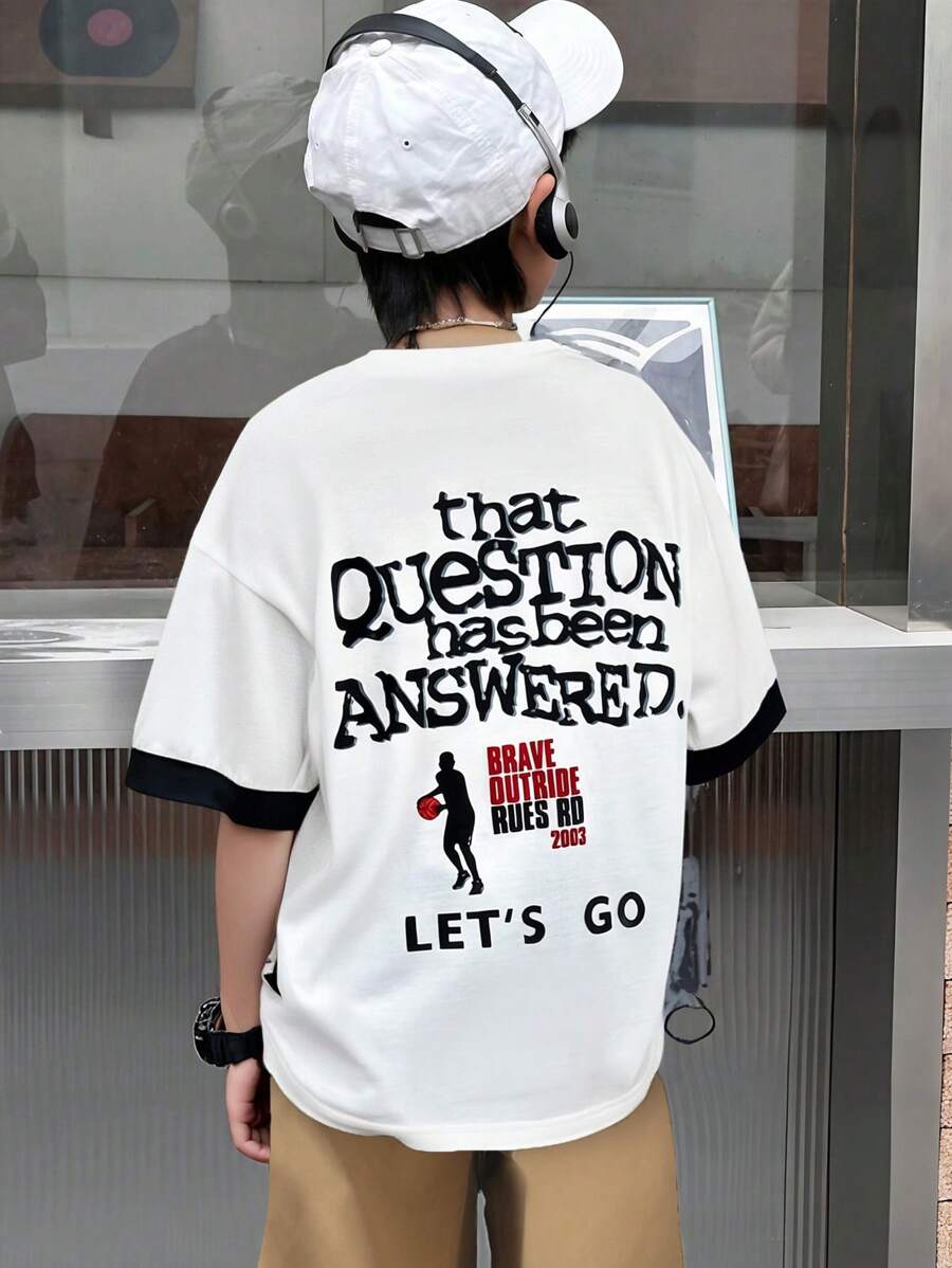 2pcs/Set Boys Casual Korean Style Round Neck Loose Letter Print Short Sleeve T-Shirt And Drawstring Waist Loose Long Cargo Pants Outfit