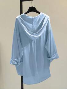 INAWLY Áo sơ mi trùm đầu thường ngày tay trễ vai màu trơn dành cho nữ có túi tiện dụng - Màu xanh lam - Xem 2