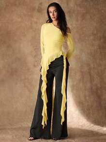 Glamine Romantic Spring Asymmetrical Jellyfish Ribbon Ruffled Hem Asymmetrical Sloping Shoulder Short Sleeve Solid Color Tight Elastic See-Through Mesh Women's T-Shir