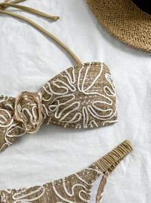 SHEIN Swim Conjunto de 2 piezas de traje de baño para mujer con top de bandeaux sin aros y shorts de natación de punto jacquard, para verano, playa y viajes