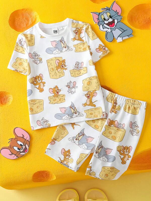 TOM & JERRY X SHEIN Young Boy Cartoon Cheese Print Cute Casual Comfortable White Short Sleeve T-Shirt And Shorts 2pcs Pajama Set
