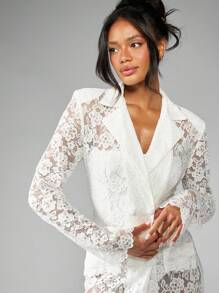 MISSGUIDED Robe de soirée de luxe à longueur de plancher, style blazer, avec manches longues, boutonnage devant, fente latérale, en dentelle maxi pour réception de mariage