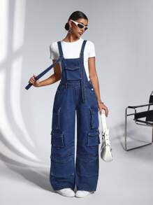 SHEIN ICON 女式实用口袋宽腿宽松休闲牛仔连体裤 - 卡其色 - 查看 3