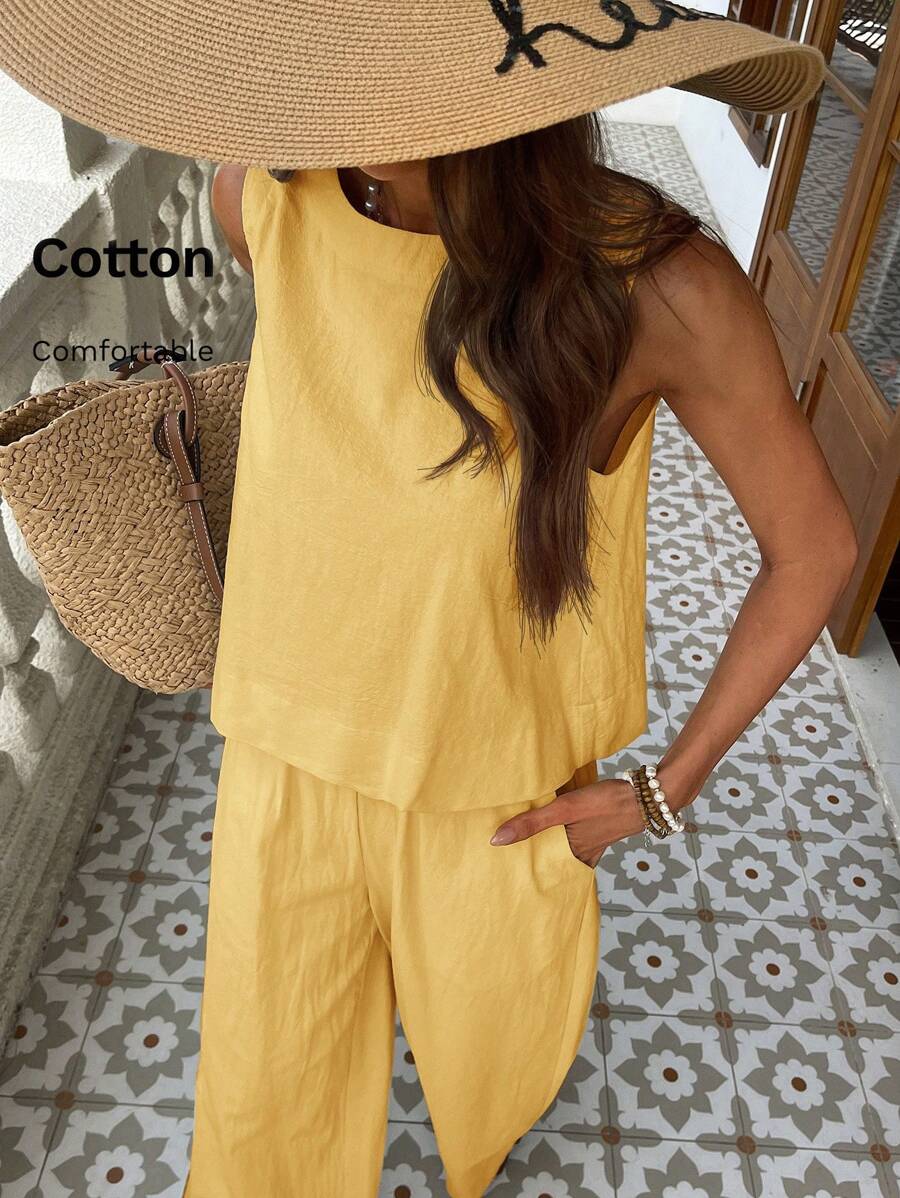 KARISMINA 2 件套女士纯色梭织修身背心和高腰宽松直筒裤套装春季女士热带度假服装亚麻 - 黃色 - 查看 1