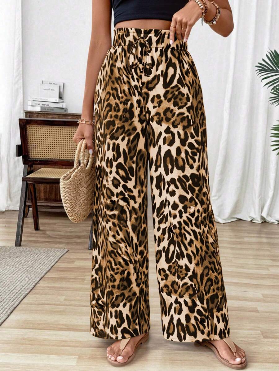 EMERY ROSE Women's Leopard Print Drawstring Waist Wide Leg Loose Pants Fall Cloth For Women - Apricot - View 1