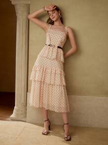 MOTF PREMIUM POLKA DOT PRINT RUFFLE TRIM SPAGHETTI STRAP MID-LENGTH DRESS - Champagne - View 7