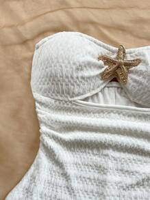 Soleia Salopă tip bandeau din material texturat tricotat jacquard, albă, cu accente metalice, pentru vacanță la plajă