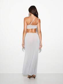 KIZN Asymmetrisches bodenlänges Abendkleid mit transparenten Partyklubgelegenheiten, mit Schulterausschnitt, Ausschnitt und hohem Schlitz aus Mesh