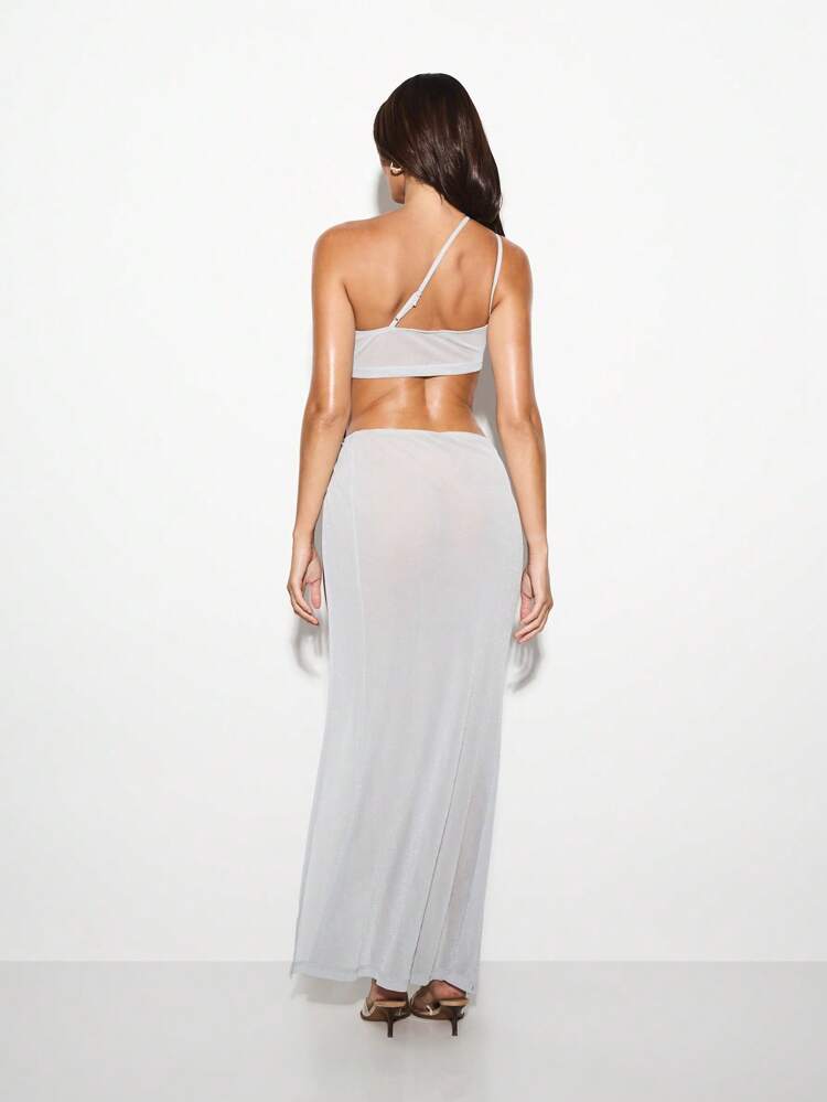 KIZN Mesh Asymmetric One Shoulder Cut Out High Slit Floor Length Maxi Dress