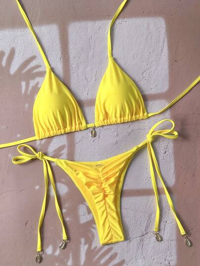 Swim Basics Solid Triangle Tie Side Bikini Set For Summer Beach Vacation