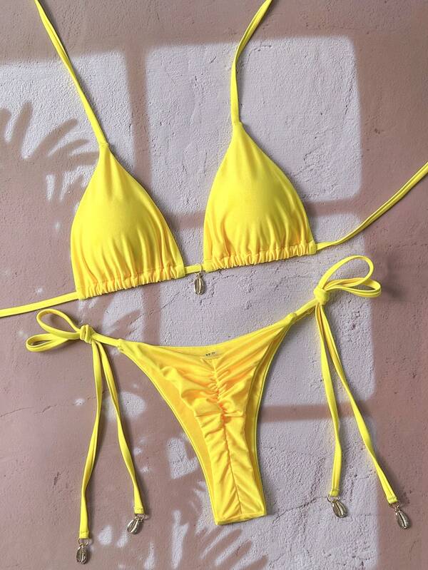 Swim Vcay Set bikini triunghiular solid cu legături laterale