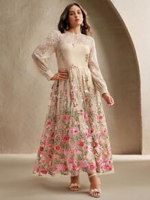 Anewsta 女士优雅花卉刺绣半透明蕾丝拼接泡泡袖连衣裙，适合派对、约会、节日出游和度假穿着 - 杏色 - 查看 3