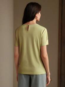 Anewsta Summer New Asymmetrical Lace Patchwork Fashion Women T-Shirt Top - Olive Green - View 2