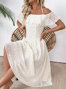 SHEIN Unity Women's Elegant French Halter Off Shoulder Ruffle Hem Fitted A-Line Long Dress, Spring/Summer - Apricot - View 3