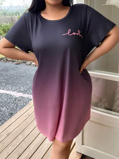 SHEIN Plus Size Ombre Casual Short Sleeve Nightgown