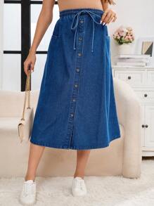 SHEIN 孕妇可调节腰部口袋长款牛仔裙