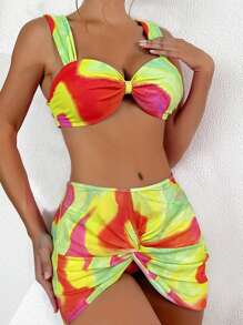 SHEIN Swim مجموعة بيكيني مكونة من 3 قطع مع طباعة صبغة التايدي المثيرة للنساء، لإطلالة على الشاطئ - متعدد الألوان - مشاهدة 3