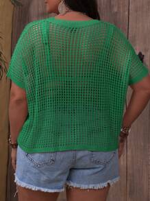 SHEIN VCAY Plus Size Casual Solid Color Hollow Knit Sweater - Green - View 2