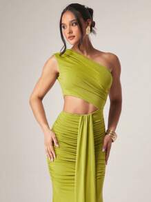 Silquee Đầm Maxi đuôi cá xếp ly bất đối xứng sang trọng cho nữ dự tiệc - màu xanh lá - Xem 6
