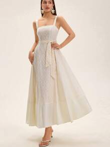 BELROSIE New French Style Sleeveless Mesh Patchwork Thick Satin Maxi A-Line Dress For Women Elegant FashionableOld Money Style  For Summer Spring Fall Autumn - Apricot - View 6