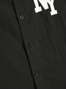 SHEIN Tween 男童休闲字母印花撞色纽扣衬衫，舒适、时尚、百搭、面料柔软，适合上学、旅行、户外运动、春夏季 - 黑色 - 查看 8