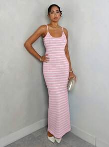 Glamine Elegant Sleeveless Midi Length Black & White Striped Knitted Dress For Women, Spring/Summer Vacation Outfits Women Skirt - Pink - View 5