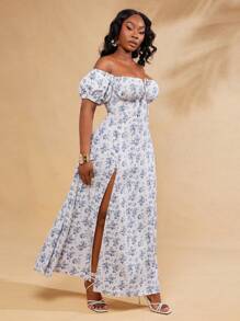 SHEIN SXY Đầm Maxi Maxi xẻ tà họa tiết hoa thanh lịch gợi cảm cổ vuông tay bồng và trễ vai hai cách mặc mùa xuân và mùa hè cỡ lớn cho nữ thích hợp mặc hàng ngày - Nhiều màu - Xem 4