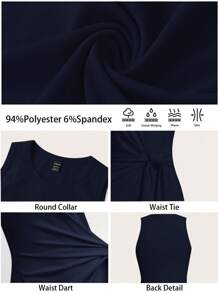 BizChic 2025年夏季新款海军蓝圆领无袖系带收腰宽松连衣裙，商务休闲日常穿着，适合婚礼、海滩度假、音乐节、早午餐、机场穿搭，90年代复古斯德哥尔摩风格，美国独立日