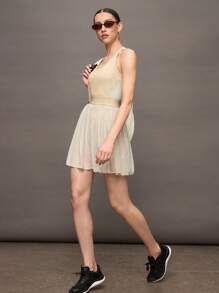 Activina Women Solid Color Mesh Patchwork Sleeveless Activewear Dress, Suitable For Tennis, Ping Pong - Khaki - View 7