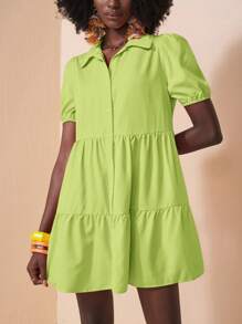 Zivah Vacation Puff Sleeve Open Front Tiered Loose Summer Dress - Olive Green - View 6