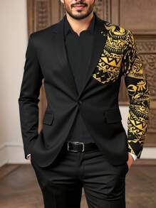 Manfinity AFTRDRK Men's Digital Print Casual Business Suit Set - Solid Color Jacket And Trousers - Black - View 3