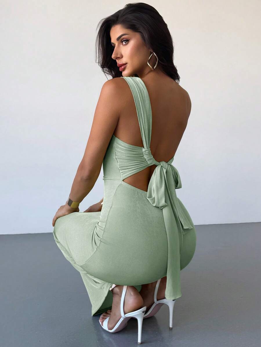 Firerie Đầm Maxi hở lưng gợi cảm thanh lịch đi nghỉ mát có dây thắt lưng, màu xanh lá cây, thích hợp cho ngày lễ tình nhân, mùa cưới, ngày lễ thánh Patrick, mùa xuân/hè, váy màu xanh bạc hà - Màu xanh Bạc hà - Xem 1