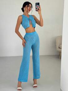 Firerie Ensemble deux pièces femme avec Top ajouré sexy et pantalon large taille haute en tricot - Bleu azur - Voir 6