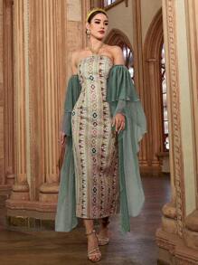 Al Najma 女士花卉印花挂脖式优雅阿拉伯连衣裙 - 綠色 - 查看 4